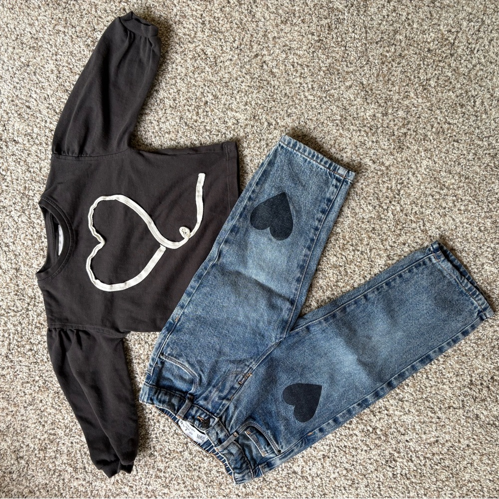 Zara 2yrs Gray Heart Long Sleeve Shirt and Blue Jeans Set